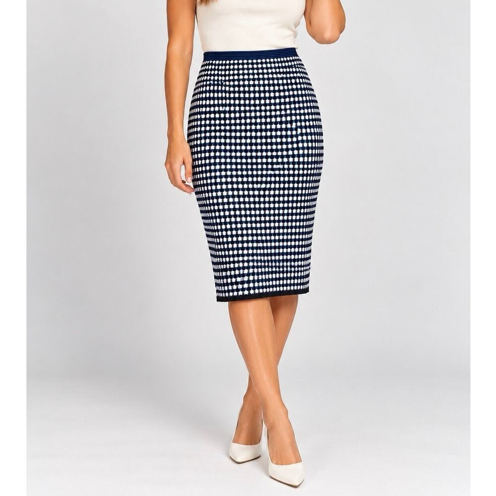 Diane Von Furstenberg DVF Blue Black White Checkered Knit Pencil Skirt Size P
